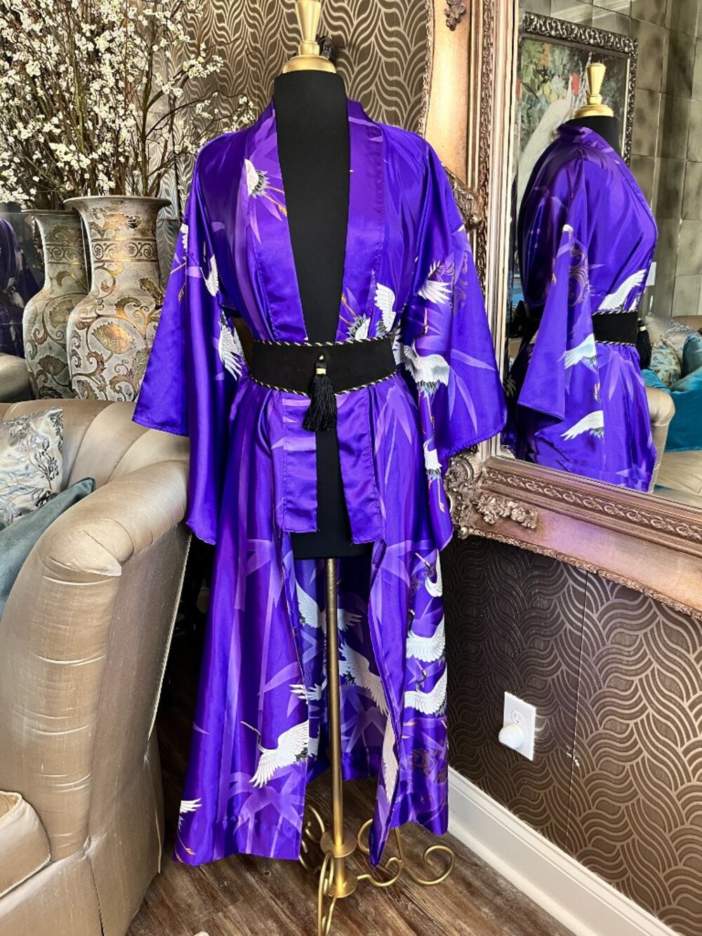 vintage purple adorned white crane bird prints kimono